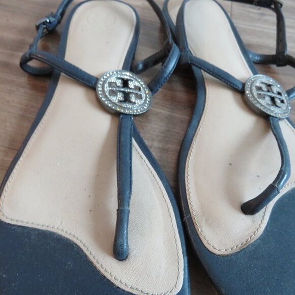 TORY BURCH Liana Flat Jewel Embellished Leather Thong Sandals in Blue Sz US 7.5 - Picture 8 of 15